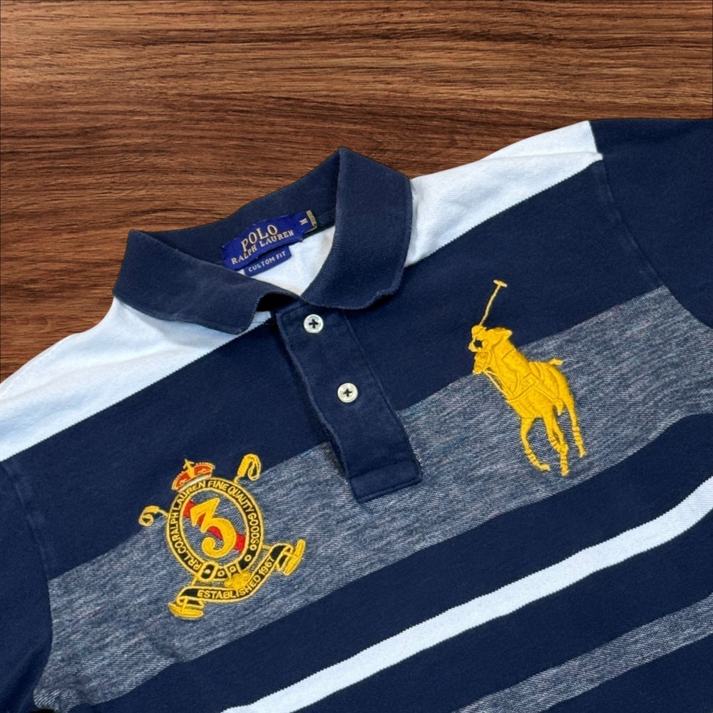 Ralph Lauren Custom Fit Long Sleeve Polo Shirt Navy White Stripe Pony Crest M